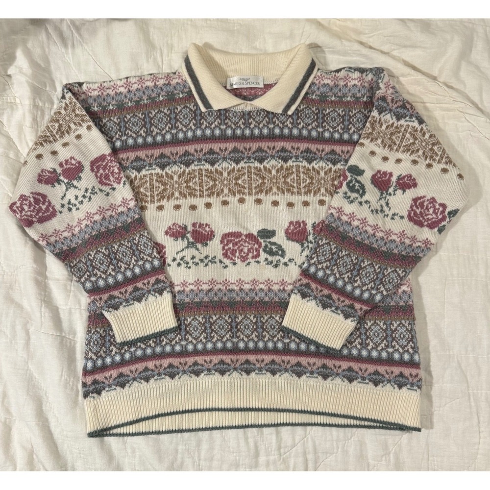 Vintage Marks & Spencer St Michael Rose Fair Isle Polo Sweater Cream UK 16